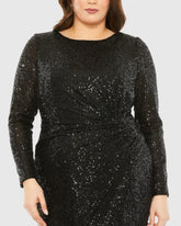 Black Long Sleeve Sequin Gathered Waist Dress
